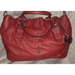 MICHAEL KORS MULTI POCKET RED LEATHER DOUBLE HANDLE PURSE W SHOULDER STRAP